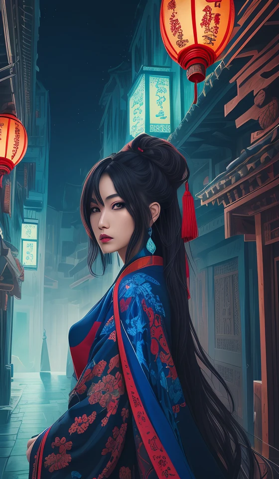 Abstract, 8K, photo shot from front, mid-body portrait, highly-detailed, (flat color:1.1),(colorful:1.3),(masterpiece:1.2), best quality, masterpiece, original, extremely detailed wallpaper, looking at viewer, oriental city,eastern architecture,a lot of details,mysterious expression, in a modern and abstract setting, with bold and colorful abstract art, blurred background, bright lighting,