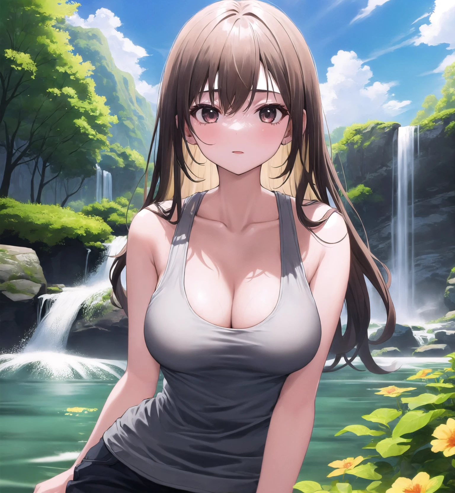 <lora:veiny_breasts_v2-1-000010:1.0>
(veiny breasts:1.5),
(solo, 1girl:1.2),
(portrait), breast focus,
medium breasts,
tank top, cleavage,
outdoors, waterfall, tree, sky, cloud,