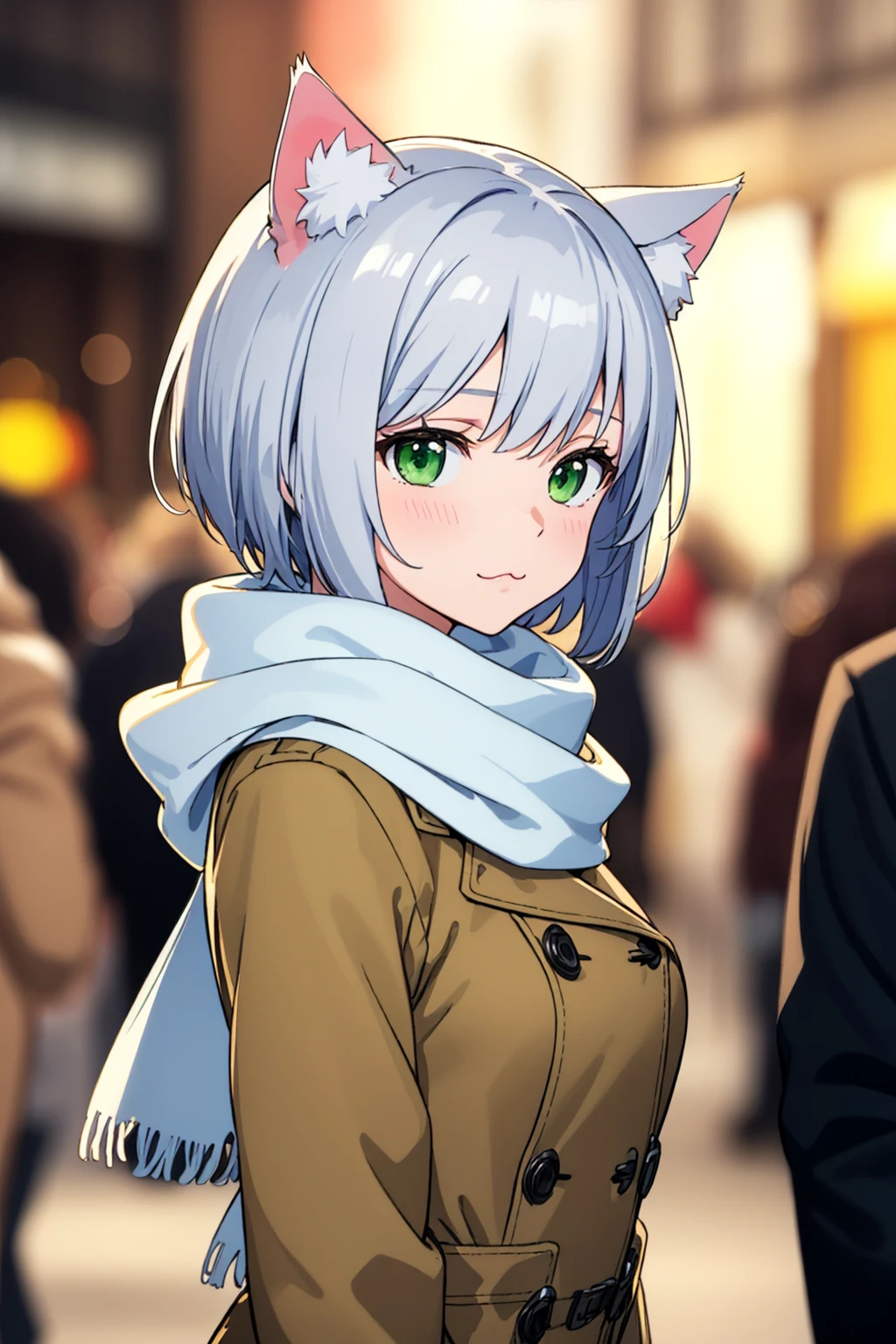 (masterpiece, best quality,) cute,
short hair, silver hair, green eyes, cat ears, coat, :3, medium breasts, scarf,
depth of field, street, blurry background, close-up, crowd,