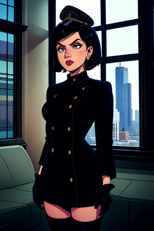 Girlfriend, black short hair, earrings, standing, upper body, bored expression, cowboy shot,
black boots, black military uniform, black military hat, black gloves,
evil lair, tall building, window, cityscape,
(insanely detailed, beautiful detailed face, masterpiece, best quality) <lora:Gfriend:0.9>