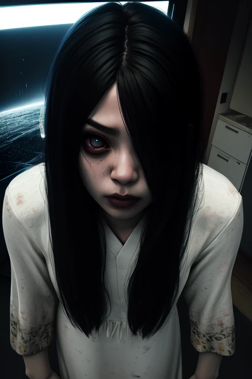 Sadako,  long black hair, hair over eyes, serious,  eyes covered,  facing viewer, 
White dress, long sleeves ,dirty clothes,    
solo, 
dark room, large TV,   Japanese house,  dim lights, 
(insanely detailed, beautiful detailed face, masterpiece, best quality)  <lora:TheOnryo-09:0.7>