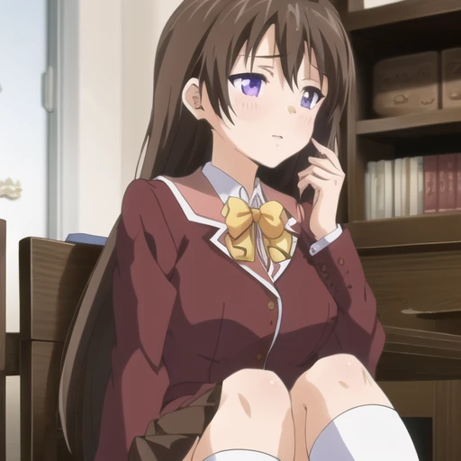(masterpiece, best quality:1.2),illustration,8k,hd,1girl,solo,long_hair,brown_hair,bow,school_uniform,purple_eyes,jacket,bowtie,blazer,long_sleeves,pleated_skirt,kneehighs,white_socks,<lora:Akitsuki Marina-V1:0.9>,