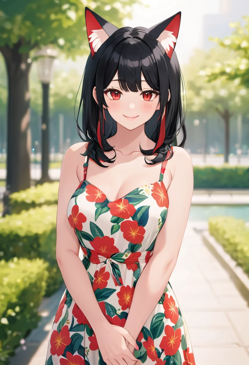 a woman standing in a park, black hair, red eyes, cat ears, parted lips, light smile, floral print dress