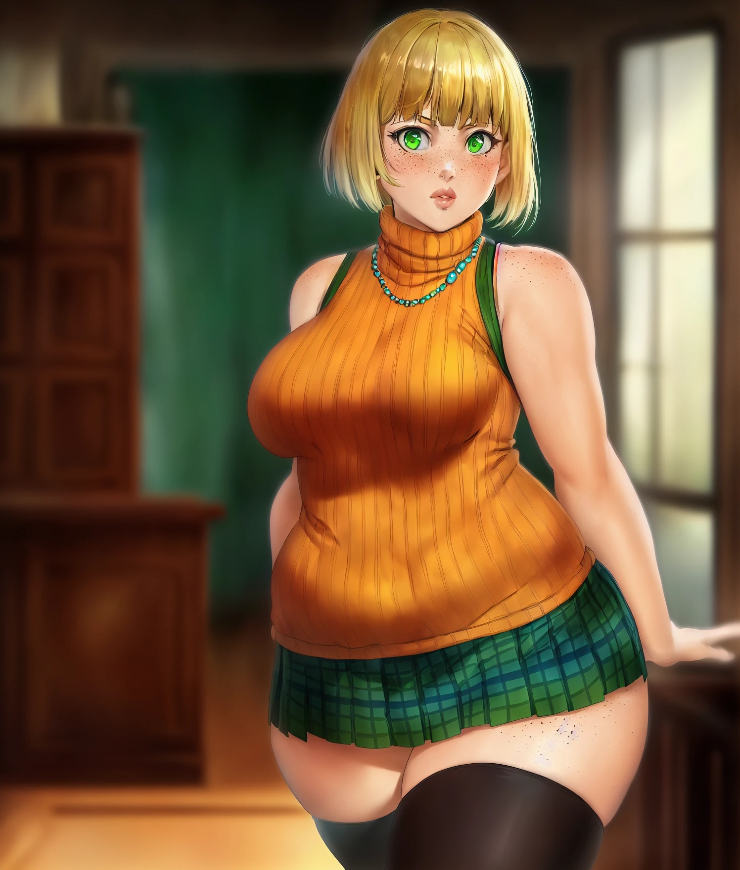 (high aesthetic + highly rated), absurdres, absurd resolution, highres, high resolution, best quality, masterpiece, 1girl, ((solo)) fat, high_aesthetic, ((art by neoartcore)), lean, 1girl, thighhighs, solo, green eyes, skirt, blonde hair, jacket, jewelry, short hair, breasts, green skirt, sleeveless, sweater, looking at viewer, necklace, turtleneck, large breasts, sleeveless turtleneck, parted lips, sleeveless sweater, bangs, bare shoulders, plaid, indoors, miniskirt, off shoulder, black thighhighs, pencil skirt, orange sweater, plant, underwear, blurry background, freckles, blurry, artist name, plaid skirt, standing, dutch angle