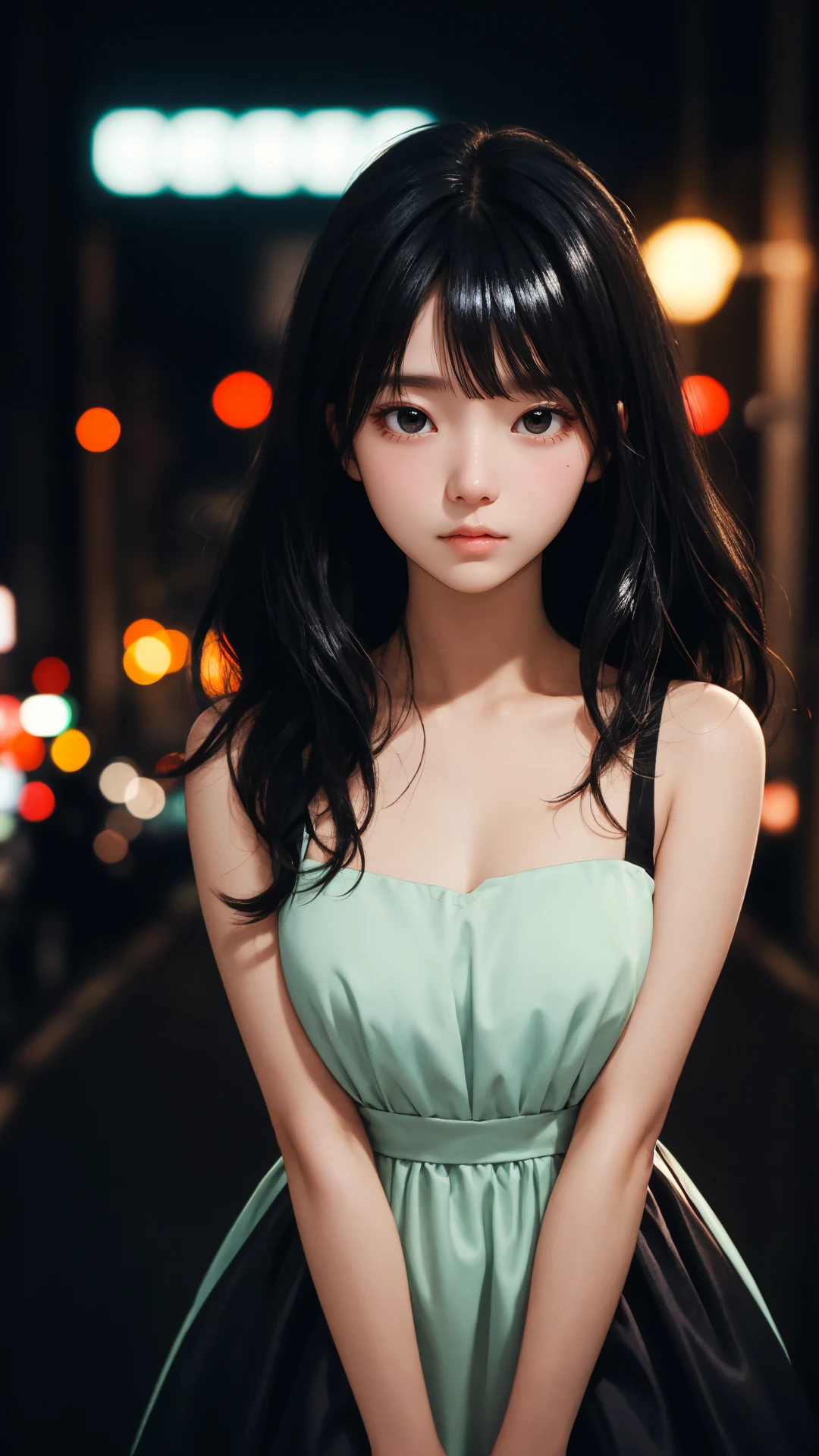 fringe, (lady:1.1), night, town, depth of field, cinematic,
(black theme:1.2), black hair, dark eyes,
bare legs,
(masterpiece), (best quality), (shiny skin:1.2), 
shy face, 
upper body,
(natural wavy:0.8), 
side bangs,
dress,