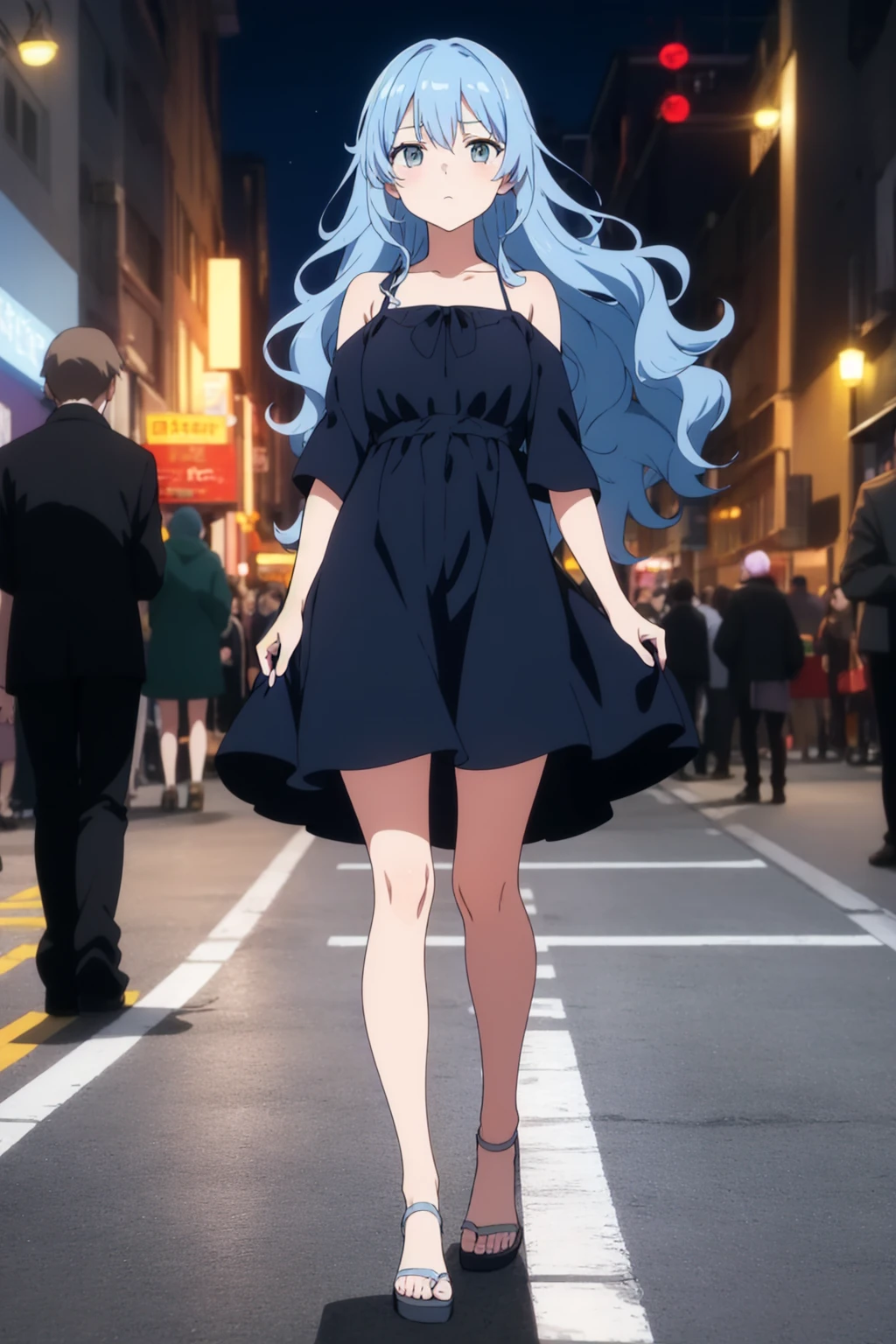 (masterpiece, best quality,) cute, 1girl, anime screencap,
long hair, blue hair, grey eyes, dress, wind, wavy hair, expressionless,
street, night, full body, crowd,