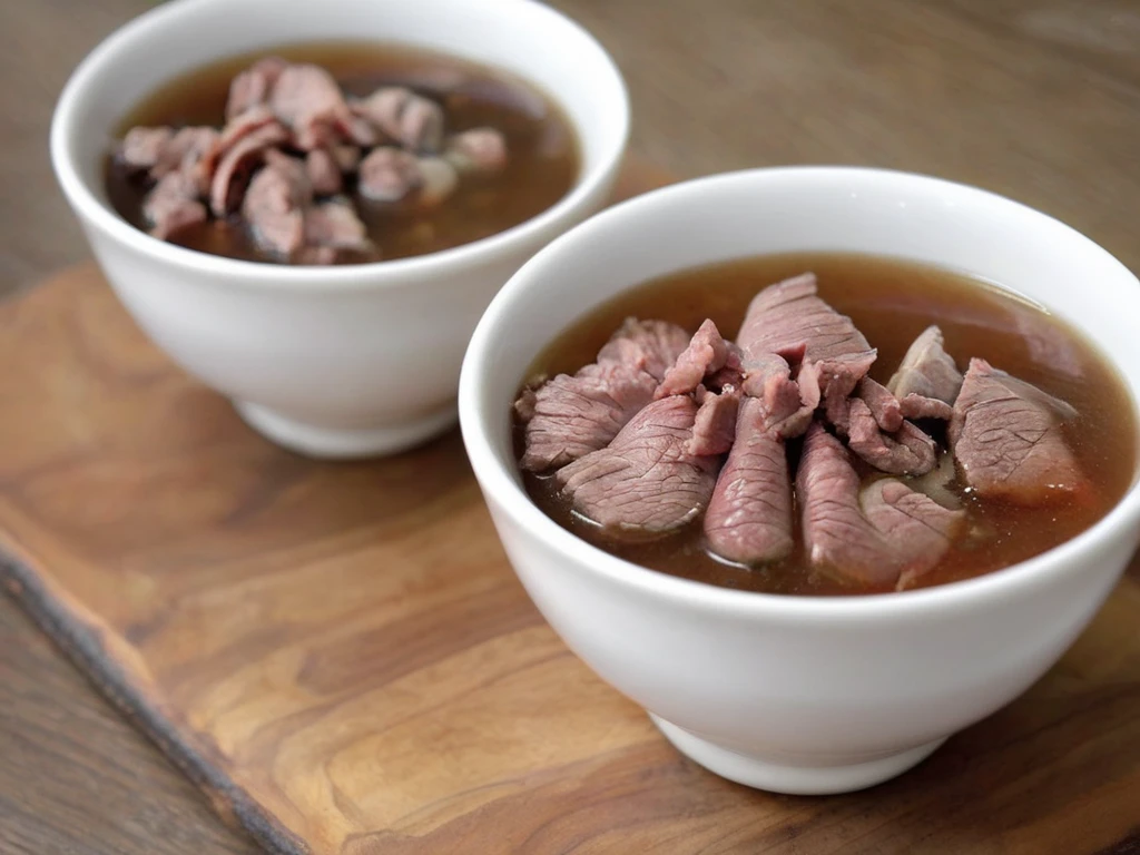 A high-resolution, hyper-realistic image of a bowl of Sweetbeefsoup. This traditional dish features a clear, sweet broth that is the star of the dish. The broth is simmered to perfection, with a hint of sweetness that tantalizes the taste buds. A subtle hint of pink is added to the broth, giving it a unique and appealing look. The soup is garnished with fresh ginger and scallions, which are evenly sprinkled throughout the broth, adding a pop of color and enhancing the flavor. It's served in a traditional ceramic bowl, placed on a rustic wooden table. The scene is set in a cozy kitchen, with all elements in sharp focus, creating a clear and detailed image. The lighting should be warm and inviting, highlighting the appetizing qualities of the Sweetbeefsoup and the homely atmosphere of the setting,<lora:beefsoup:0.75>