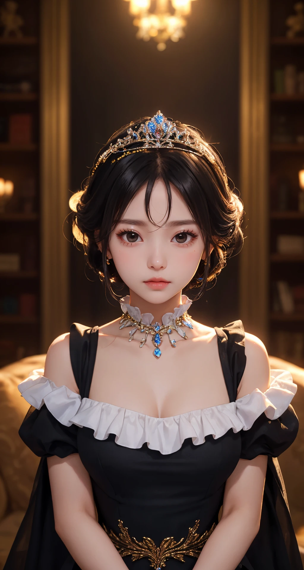 (masterpiece), (best quality), looking at viewer, lady, (shiny skin:1.2), 
indoors, 
(natural wavy:0.8), 
(medium breasts:0.8), 
night,
Chignon, thighhighs,
black hair, (black eyes:1.2), fringe, (upper body), palace, (fantasy:1.2), (long dress:1.3), tiara, (princess:1.2), frills, depth of field, cinematic,