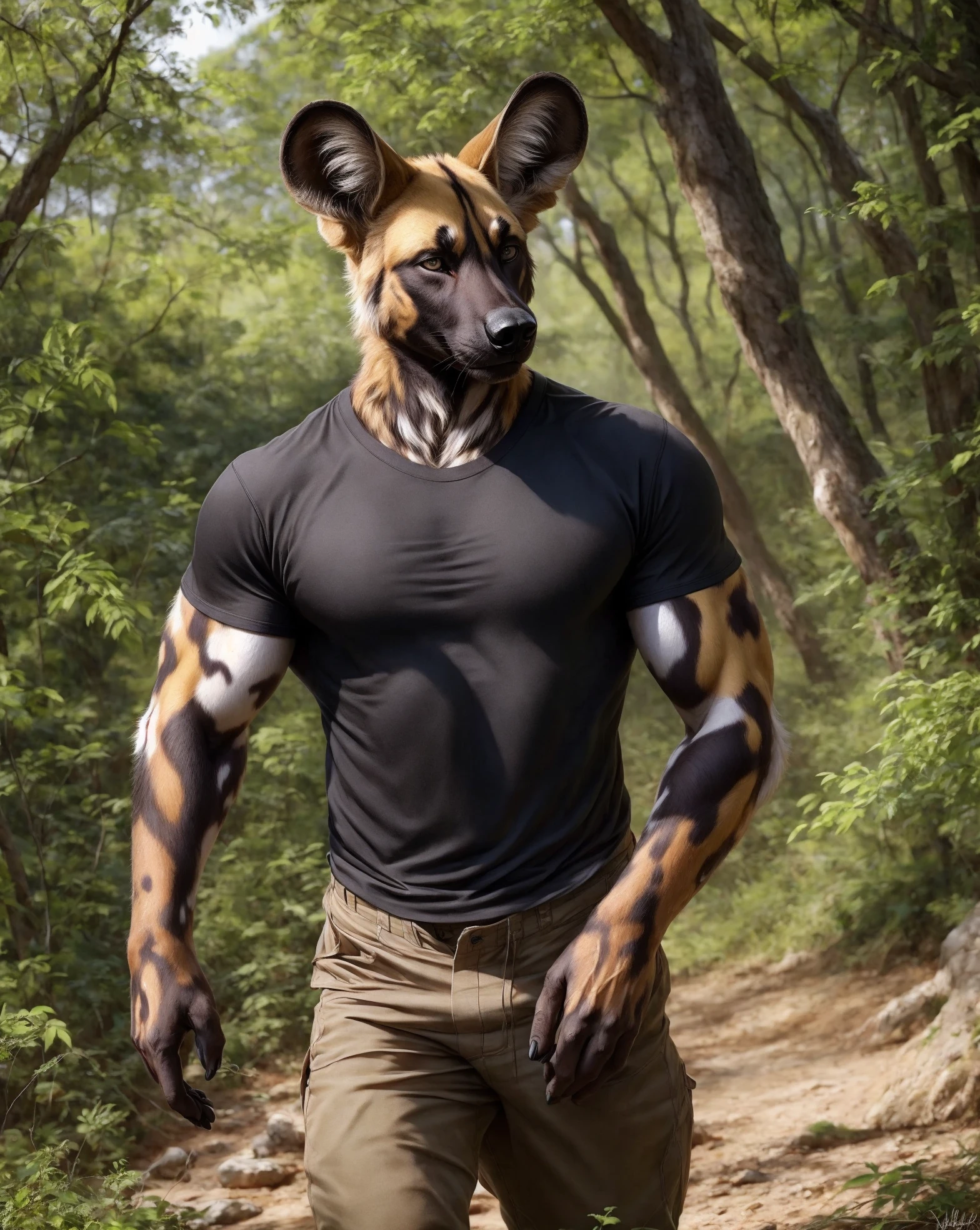 anthro, hyena, male, adult, fit, jock strap, big burge, full-body harness, markings, realistic fur, detailed background, forest background, realistic, photorealistic, ultra realistic, 8k,