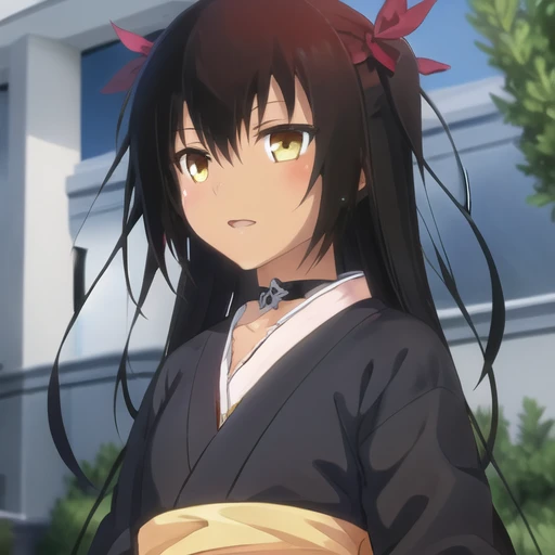 (masterpiece, best quality:1.2),illustration,8k,hd,1girl,solo,upper body,portrait,long_hair,black_hair,ribbon,collarbone,hair_ribbon,yellow_eyes,japanese_clothes,choker,dark_skin,red_ribbon,dark-skinned_female,twintails,very_long_hair,ribbon,two_side_up,black_kimono,hair_bow,hair_ribbon,sash,sandals,<lora:Nemesis-V1:0.8>,