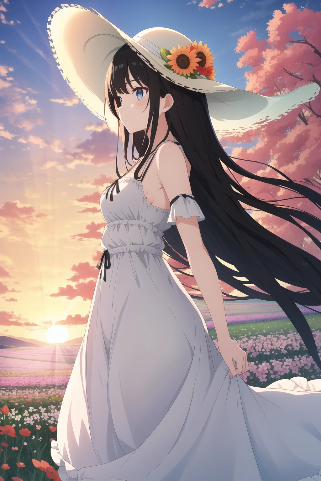 masterpiece, best quality, 1girl, long hair, black hair, very long hair, hime cut, medium breasts, sun hat, sundress, outdoors, flower field, sunrise, standing, expressionless