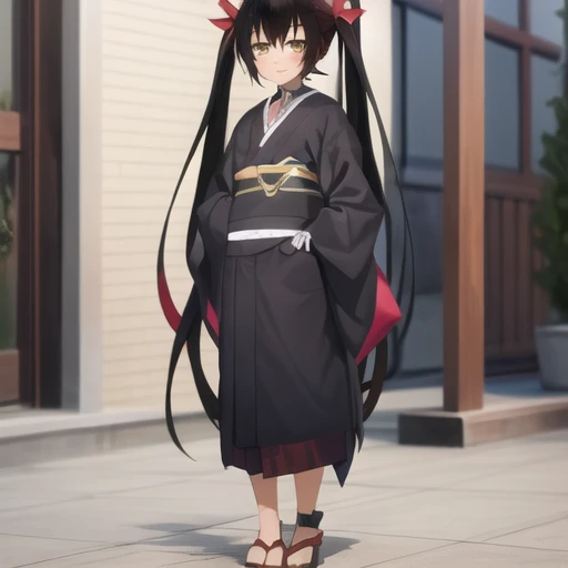 (masterpiece, best quality:1.2),illustration,8k,hd,1girl,solo,long_hair,black_hair,ribbon,collarbone,hair_ribbon,yellow_eyes,japanese_clothes,choker,dark_skin,red_ribbon,dark-skinned_female,twintails,very_long_hair,ribbon,two_side_up,black_kimono,hair_bow,hair_ribbon,sash,sandals,<lora:Nemesis-V1:0.8>,