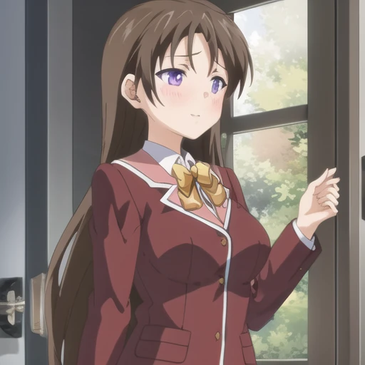 (masterpiece, best quality:1.2),illustration,8k,hd,1girl,solo,long_hair,brown_hair,bow,school_uniform,purple_eyes,jacket,bowtie,blazer,long_sleeves,pleated_skirt,kneehighs,white_socks,<lora:Akitsuki Marina-V1:0.9>,