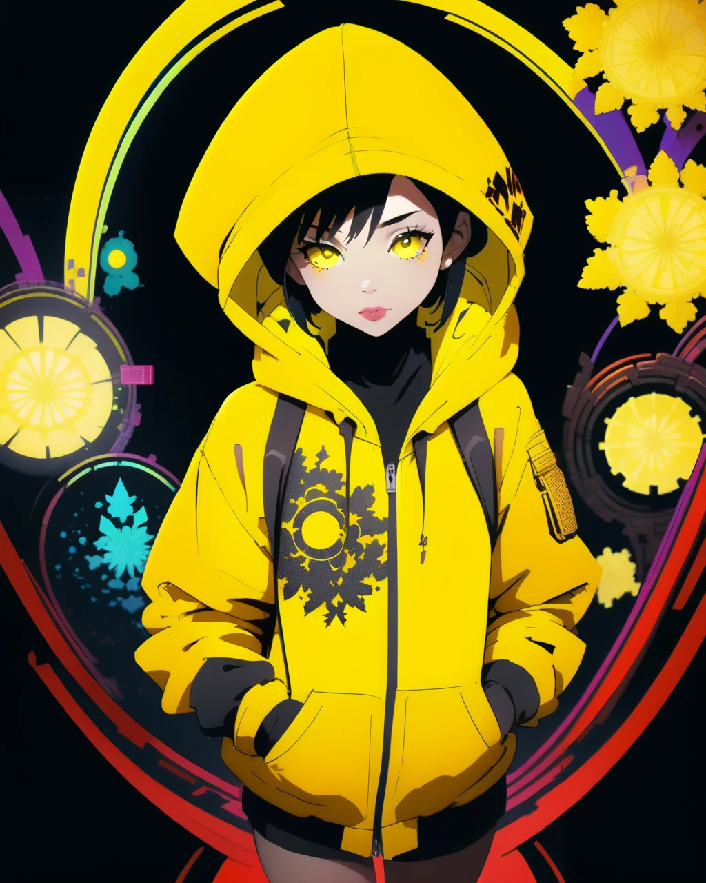 (1girl:1.4), yellow color, lineart, (fractals:1.2), abstract, red theme, jacket, cyberpunk, hoodie, (from above:1.2), looking at viewer, masterpiece, best quality,
