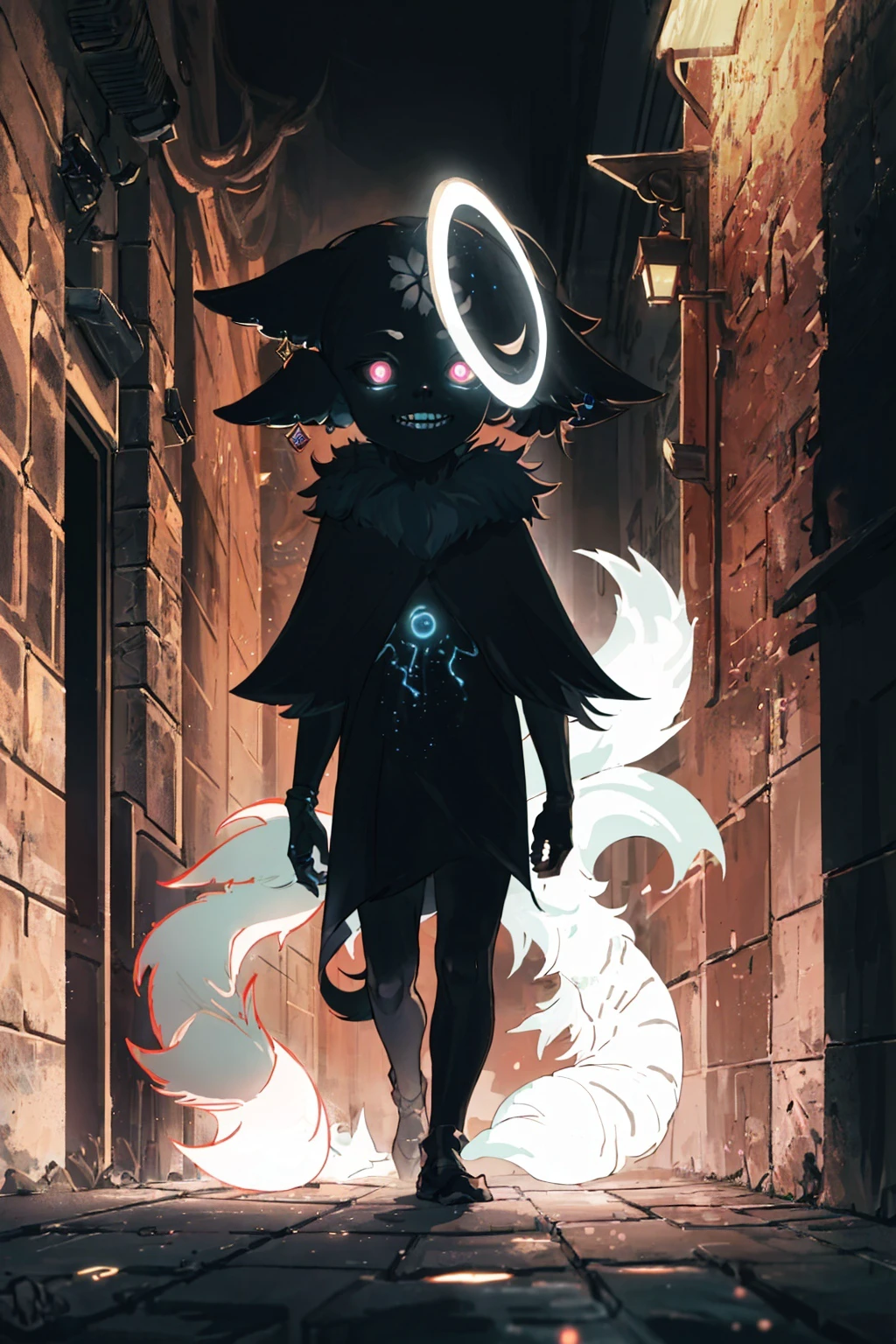 (best quality, high resolution, extremely detailed:1.2), YaeMikoFox walking towards,dark alley, looking down, smiling, creepy, fantastic fur, glowing accessories, <lora:Gloomifier_TheDread_V1_LECO:1> , bioluminescence , detailed clothing, expensive clothing, <lora:YaeMikoFox:1> , no humans, night, dark lighting, animal, <lora:Gloomifier_V2_TheGlow:0.75> ,