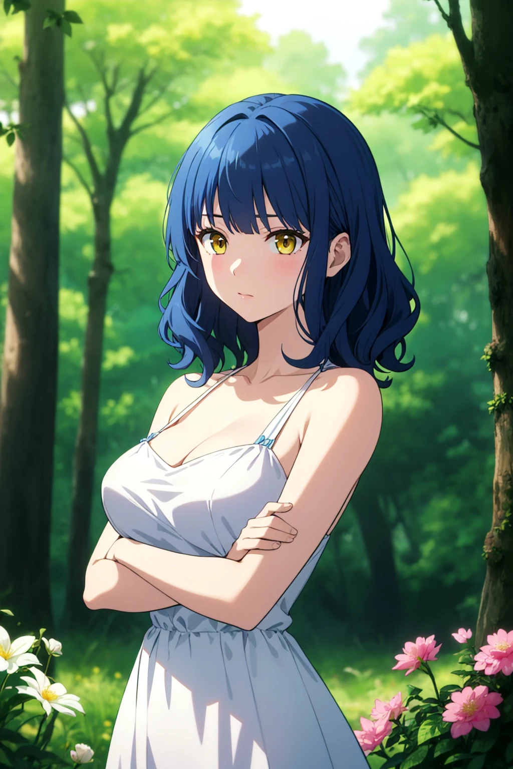 masterpiece, best quality, cute,
medium hair, blue hair, yellow eyes, wavy hair, blunt bangs, large breasts, dress, bare shoulders, flower, crossed arms,
depth of field, field, forest,