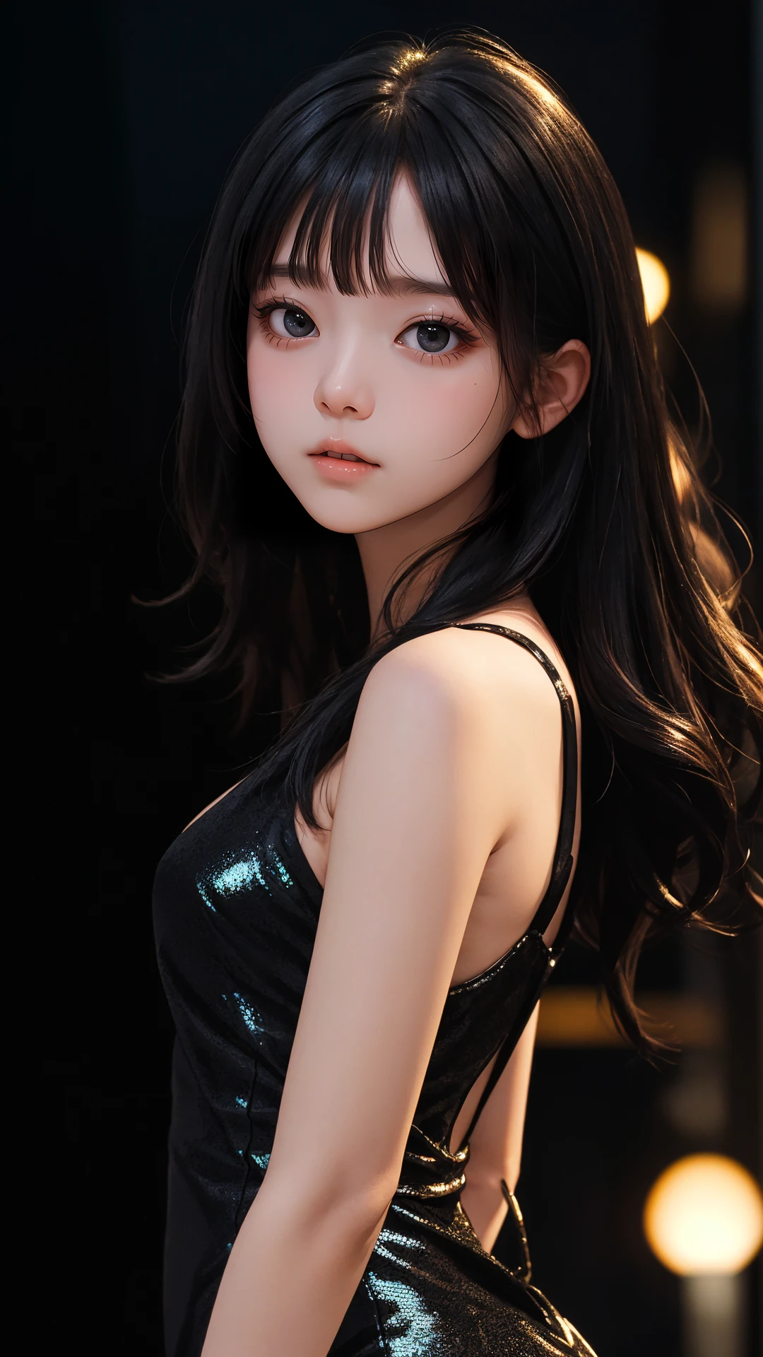 Masterpiece, 1 beautiful girl, Detailed eyes, Swollen eyes, Top quality, 超高分辨率, (reality: 1.4), Cinematic lighting, Japanese, Asian beauty, Korean, Very beautiful, Beautiful skin, Slender, body facing the front, (Ultra photo realsisim), (high resolution), (8K), (Very detailed), ( Best Illustration), (Beautifully detailed eyes), (Super detailed), (the wallpaper), Detailed face, Bright lighting, Professional lighting, view the viewer, Staring straight ahead, The costume is a neat white shirt and dress, 46-point oblique bangs, Night view, Black hair (Some red hair with mesh),