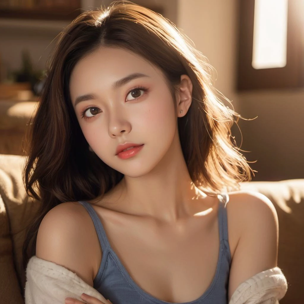 (xxmix girl woman),1girl sit Livingroom closeup (best shadow, dramatic lighting) ( masterpiece ) (best quality)