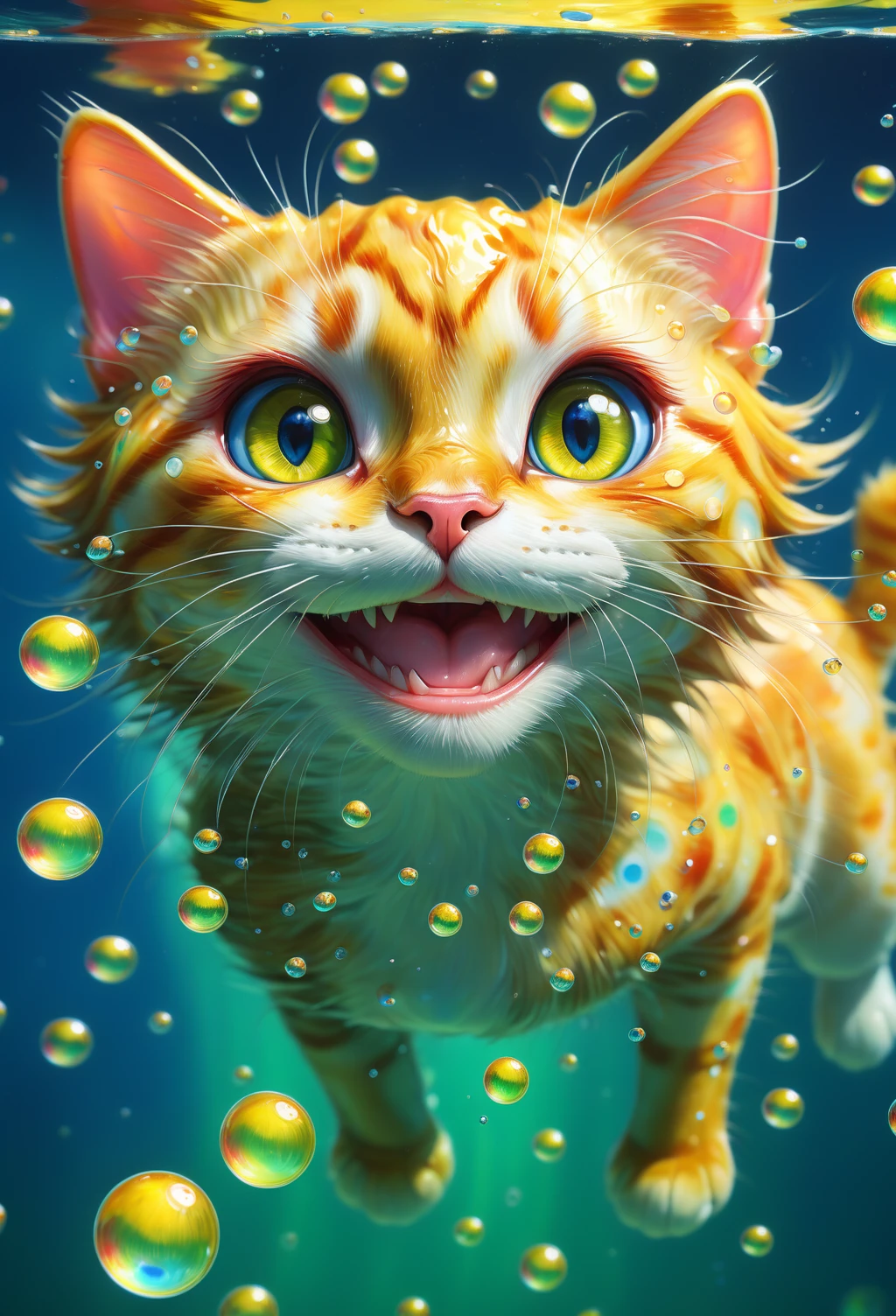 Cute little displacer cat swimming underwater, in the style of makoto shinkai, in realistic hyper detailed render style, big eyes, smiling, glowing, yellow, blue, brush, hyper realistic oil painting, head closeup, exaggerated perspective, tyndall effect, water drops, mother of pearl red, holographic white, green background, realistic, high quality bubbles