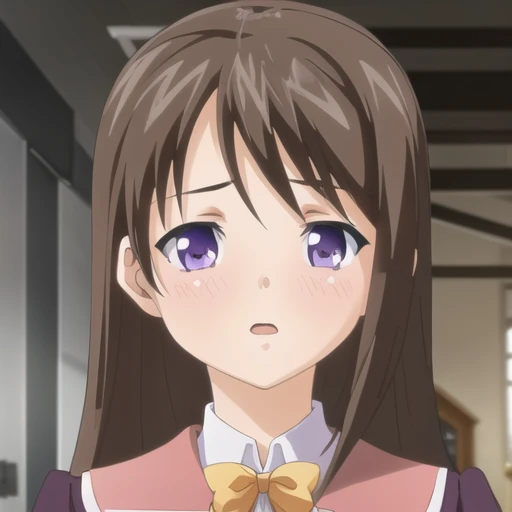 (masterpiece, best quality:1.2),illustration,8k,hd,1girl,solo,upper body,(portrait:1.2),long_hair,brown_hair,bow,school_uniform,purple_eyes,jacket,bowtie,blazer,long_sleeves,pleated_skirt,kneehighs,white_socks,<lora:Akitsuki Marina-V1>,