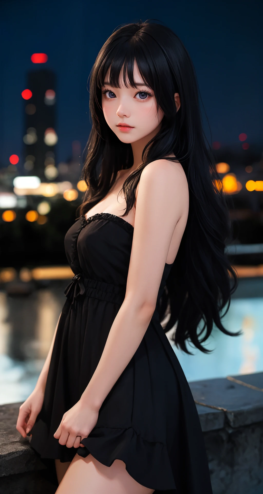 (masterpiece), (best quality:1.4), looking at viewer, lady, night, outdoors, cinematic, depth of field, (black theme|white theme),
black_hair, black_eyes, (shiny_skin), side bang, dress, bare legs, upper body, 
(natural wavy:0.9), fringe, long hair, city,