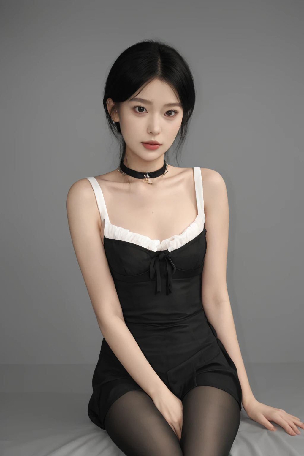 masterpiece, best quality, 1girl, small breasts, pantyhose, arms behind back, simple background,
camisole, film grain, short hair, choker, chains, hair ornament, sitting, crossed legs, center view, parted lips,
<lora:tiann_v1:0.7>