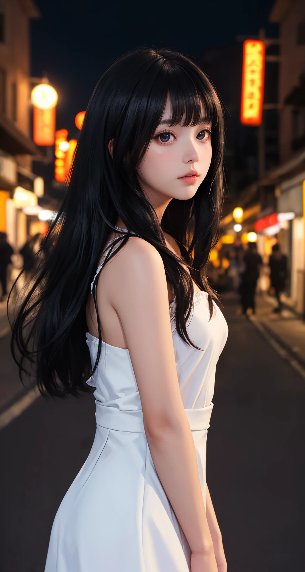 (masterpiece), (best quality:1.4), looking at viewer, lady, night, outdoors, cinematic, depth of field, (black theme|white theme),
black_hair, black_eyes, (shiny_skin), side bang, dress, bare legs, upper body, 
(natural wavy:0.9), fringe, long hair, town,