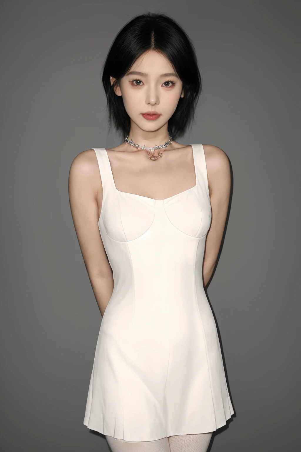 masterpiece, best quality, 1girl, cowboy shot, small breasts, pantyhose, arms behind back, simple background,
skin tight, film grain, short hair, choker, chains, hair ornament
<lora:tiann_v1:0.7>