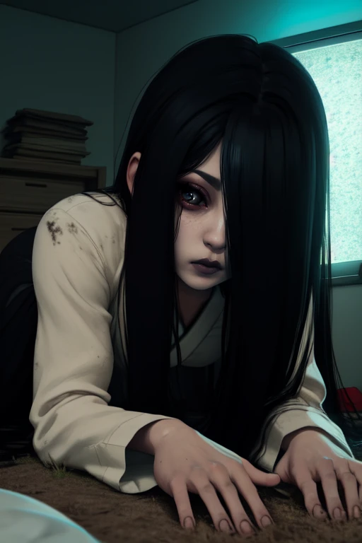 <lora:TheOnryo:0.8> sadako, pale skin, white dress, very long hair, hair over one eye, black eyes, sitting at a table drinking a cup of tea, dark room, (insanely detailed, beautiful detailed face, masterpiece, best quality) shy,