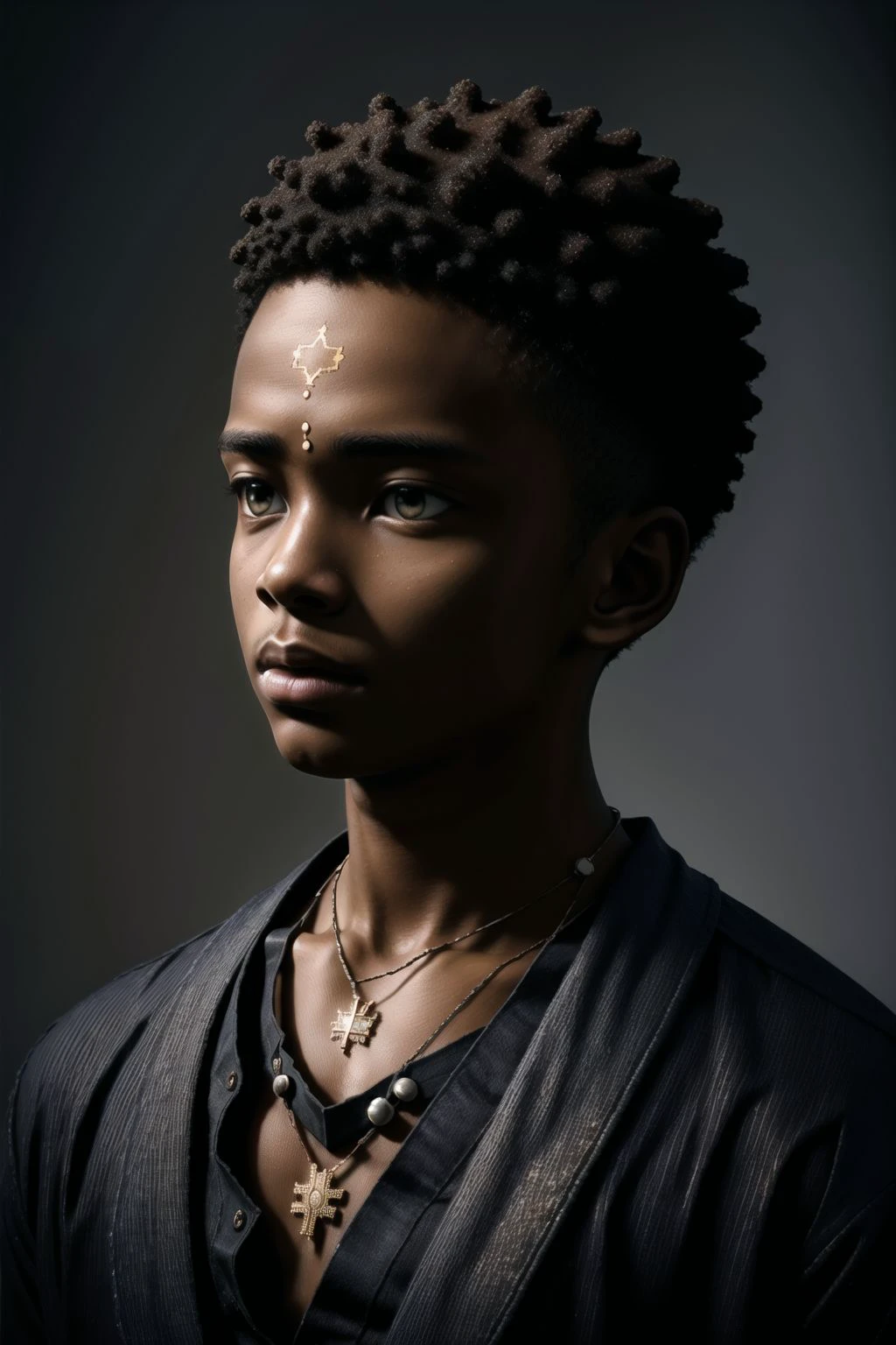 masterpiece, best quality, ultra high res, 1 dark skinned African boy, (fractal art:1.3), deep shadow, dark theme, fully clothed, necklace, forlorn,