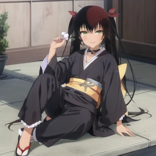 (masterpiece, best quality:1.2),illustration,8k,hd,1girl,solo,long_hair,smile,black_hair,ribbon,collarbone,hair_ribbon,yellow_eyes,japanese_clothes,choker,dark_skin,red_ribbon,dark-skinned_female,twintails,very_long_hair,ribbon,two_side_up,black_kimono,hair_bow,hair_ribbon,sash,sandals,<lora:Nemesis-V1:0.8>,