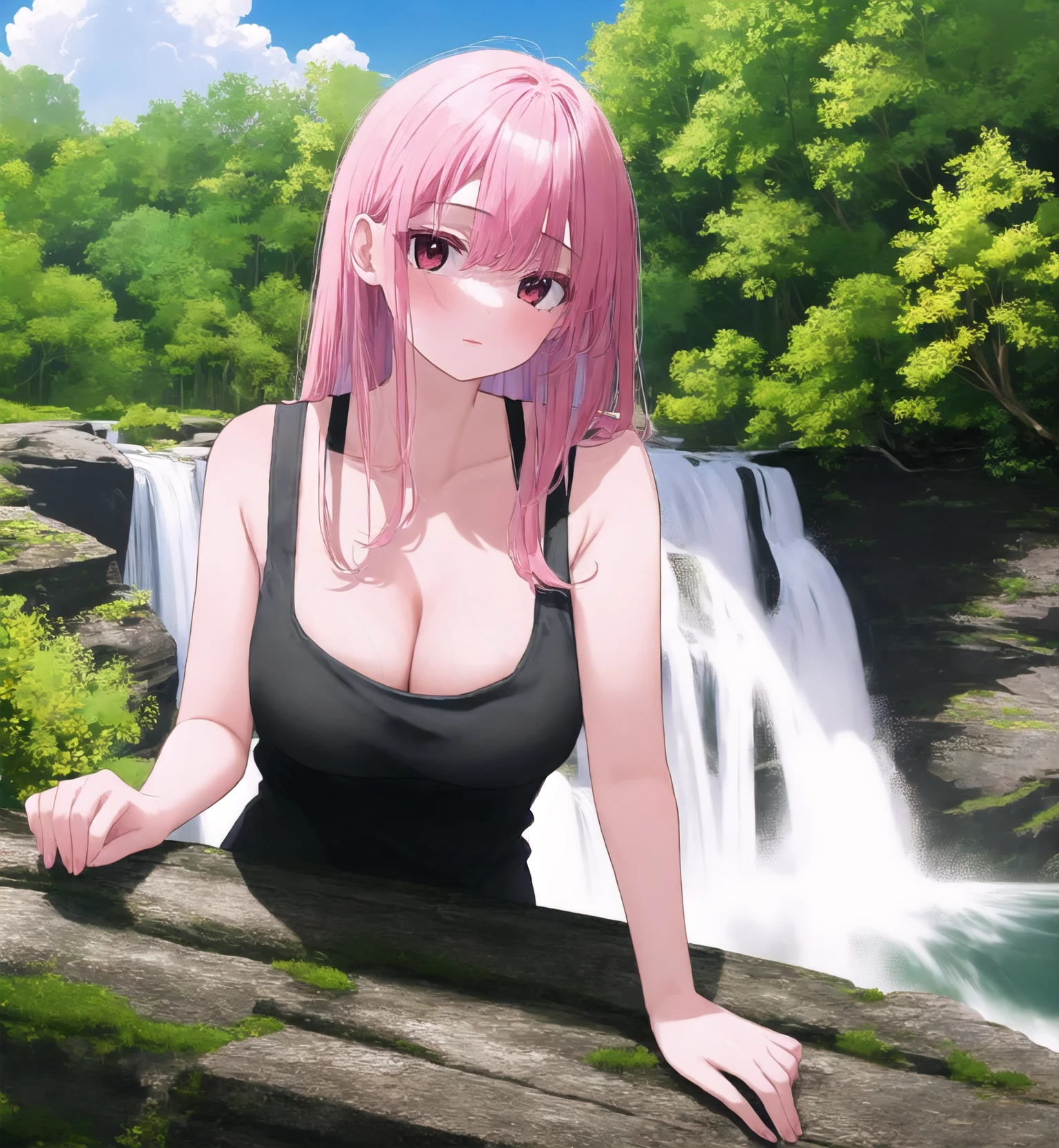 <lora:veiny_breasts_v2-1-000010:2.5>
(solo, 1girl:1.2),
(portrait), breast focus, 
medium breasts,
tank top, cleavage,
outdoors, waterfall, tree, sky, cloud,