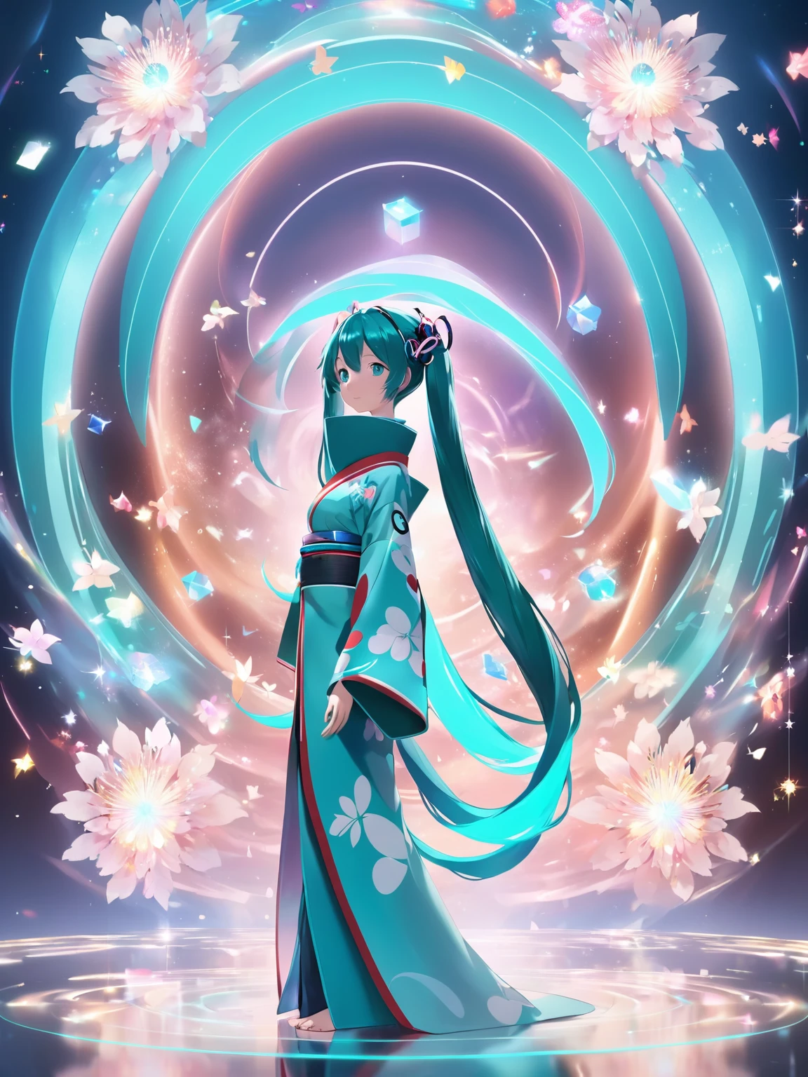 1girl standing in front a holographic portal, Hatsune Miku, kimono, upper body