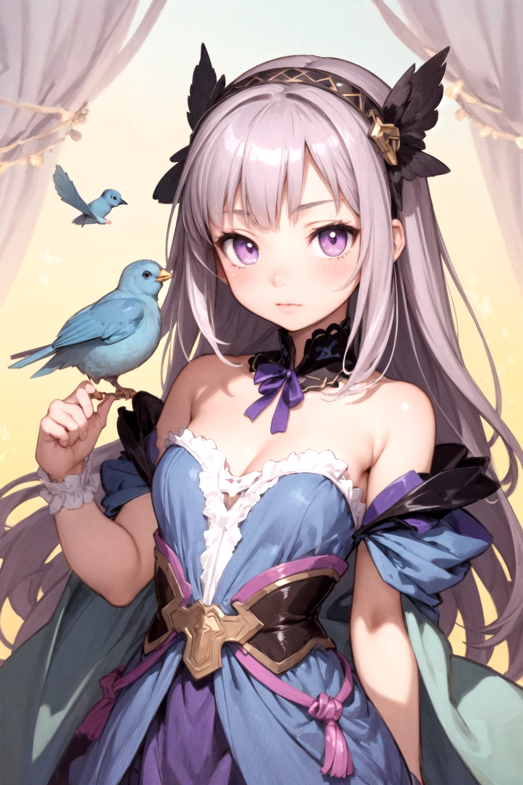 a beautiful, fit cute girl in pink and blue dress with purple bird in background, by artgerm, Alphonse mucha, akihiko yoshida, krenz cushart