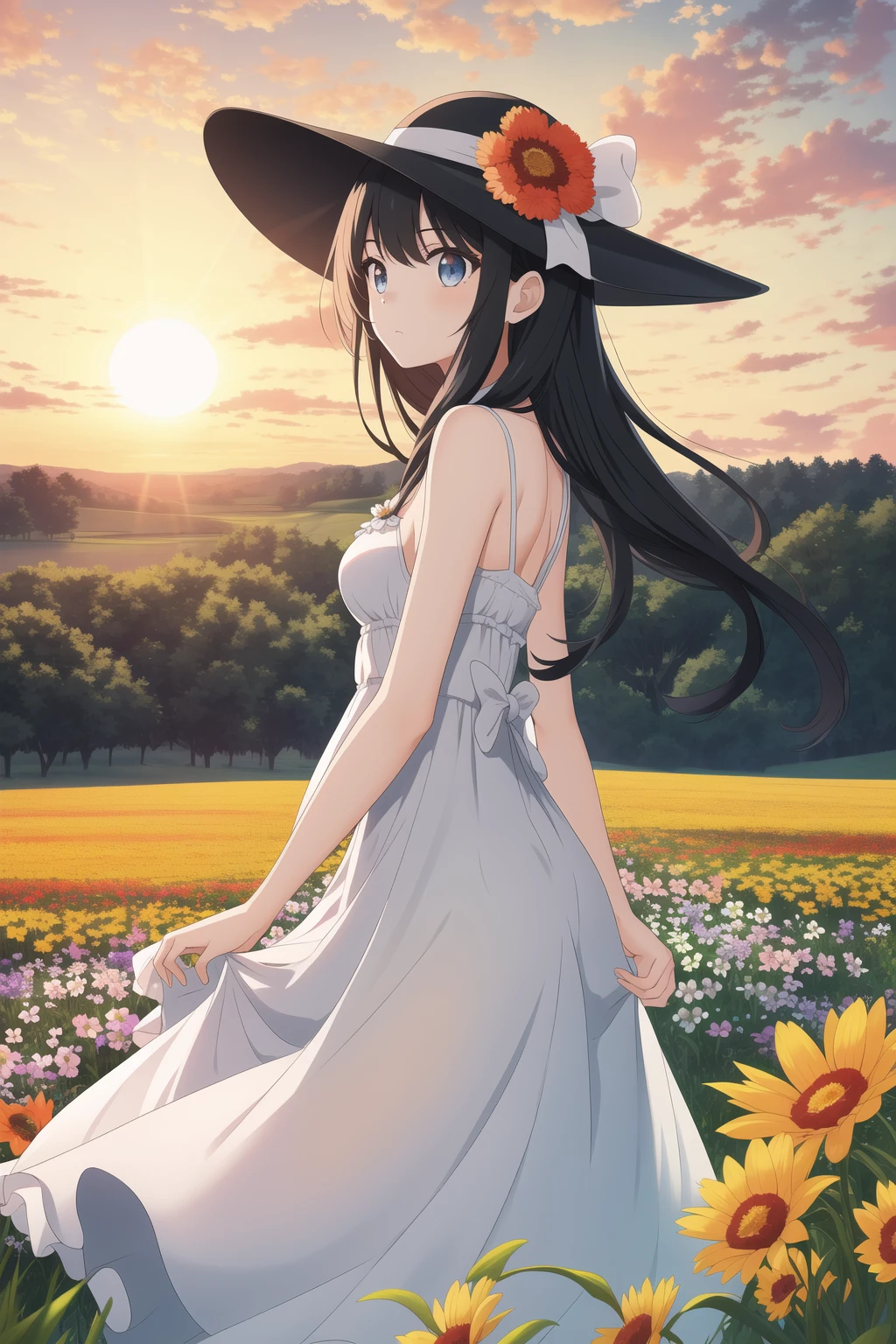 masterpiece, best quality, 1girl, long hair, black hair, very long hair, hime cut, medium breasts, sun hat, sundress, outdoors, flower field, sunrise, standing, expressionless