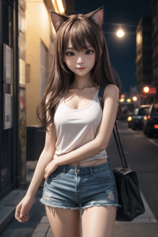 Style: { (masterpiece, (best quality:1.4) , highres, 8k resolution, more detailed), ((anime style)), 3D render, (figure) }; BREAK
Composition: { at street, tank top, dolphin shorts, cat girl }; BREAK
Apperiances: { ((1girl)), cute pose. cat eyes, cat face }; BREAK
Location: { simple background, night, spotlight}; BREAK
Lora: { <lora:more_details:0.8> };