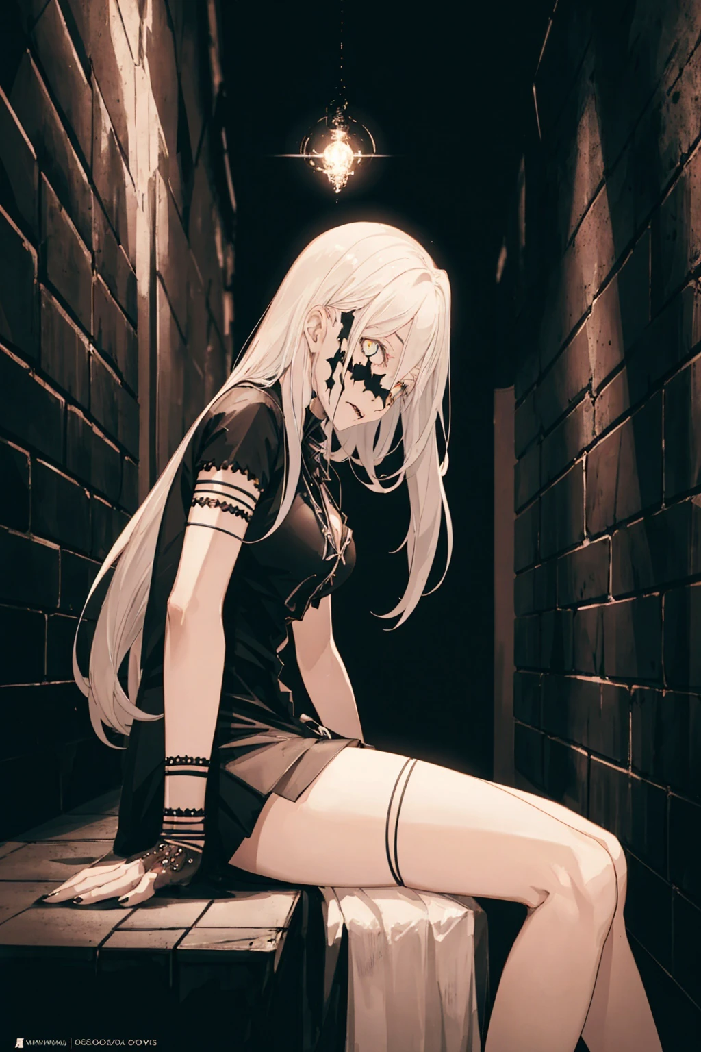 (best quality, high resolution, extremely detailed:1.2), girl,sitting on dark alley, looking down, from side, smiling, creepy, long white hair, glowing accessories, <lora:Gloomifier_TheDread_V1_LECO:2.5> , bioluminescence , detailed clothing, expensive clothing,