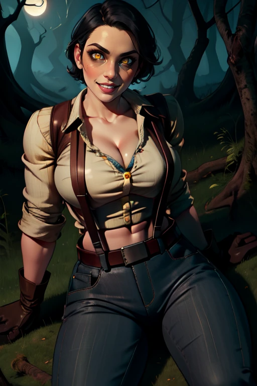 tHuntress, from above, smile, very short black hair, yellow eyes,
thAttire, suspenders, shirt ,pants, belt, gloves, midriff, cleavage,
woods, nighttime, old trees, sitting,
(insanely detailed, beautiful detailed face, masterpiece, best quality) <lora:TheHuntress-10v4:0.7>