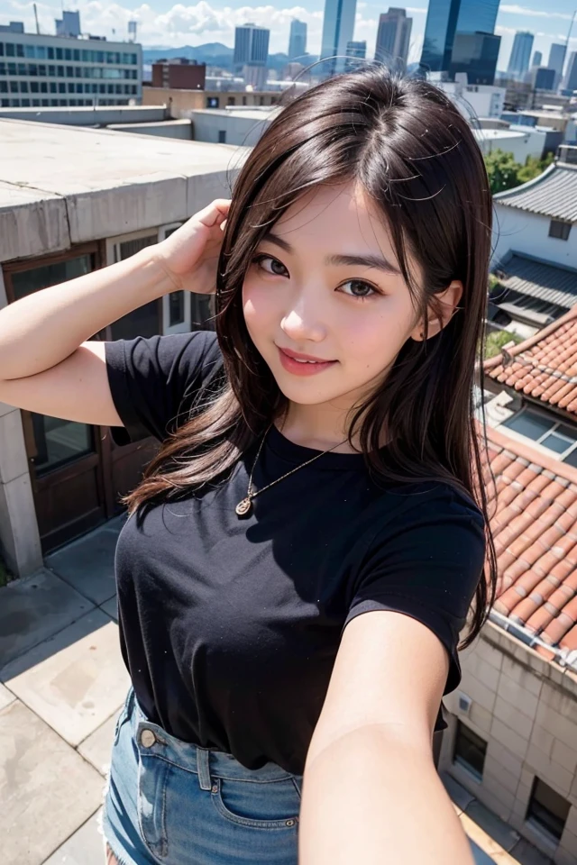 best quality, masterpiece, RAW photo,ultra-detailed,Korean 1girl ,looking at viewer, smile,rooftop, from above, city, casual,