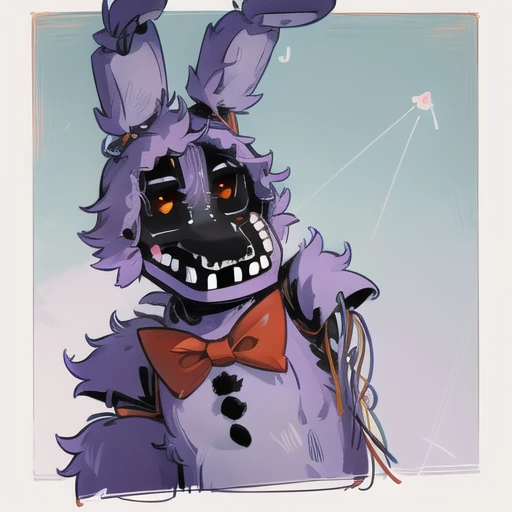 anthropomorphic, detailed fur, (fluffy anthro furry:1.5), furry, cute face,purple fur, rabbit ears <lora:fnaf withbonnie-05:1> withbonnie, missing left arm, amputated left arm, wires, masterpiece, best quality