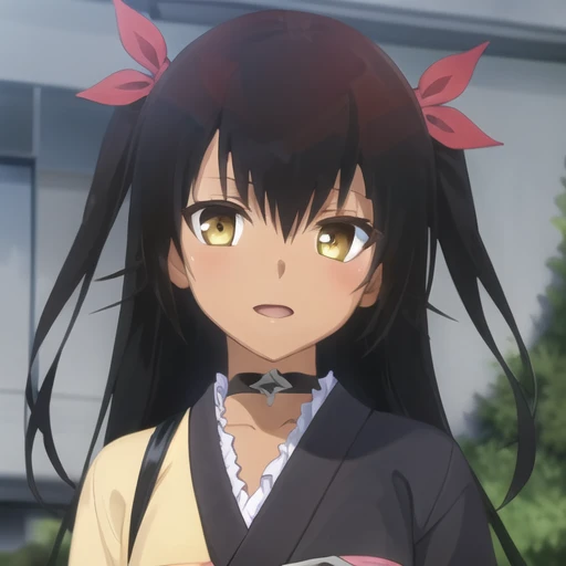 (masterpiece, best quality:1.2),illustration,8k,hd,1girl,solo,upper body,portrait,long_hair,black_hair,ribbon,collarbone,hair_ribbon,yellow_eyes,japanese_clothes,choker,dark_skin,red_ribbon,dark-skinned_female,twintails,very_long_hair,ribbon,two_side_up,black_kimono,hair_bow,hair_ribbon,sash,sandals,<lora:Nemesis-V1:0.8>,