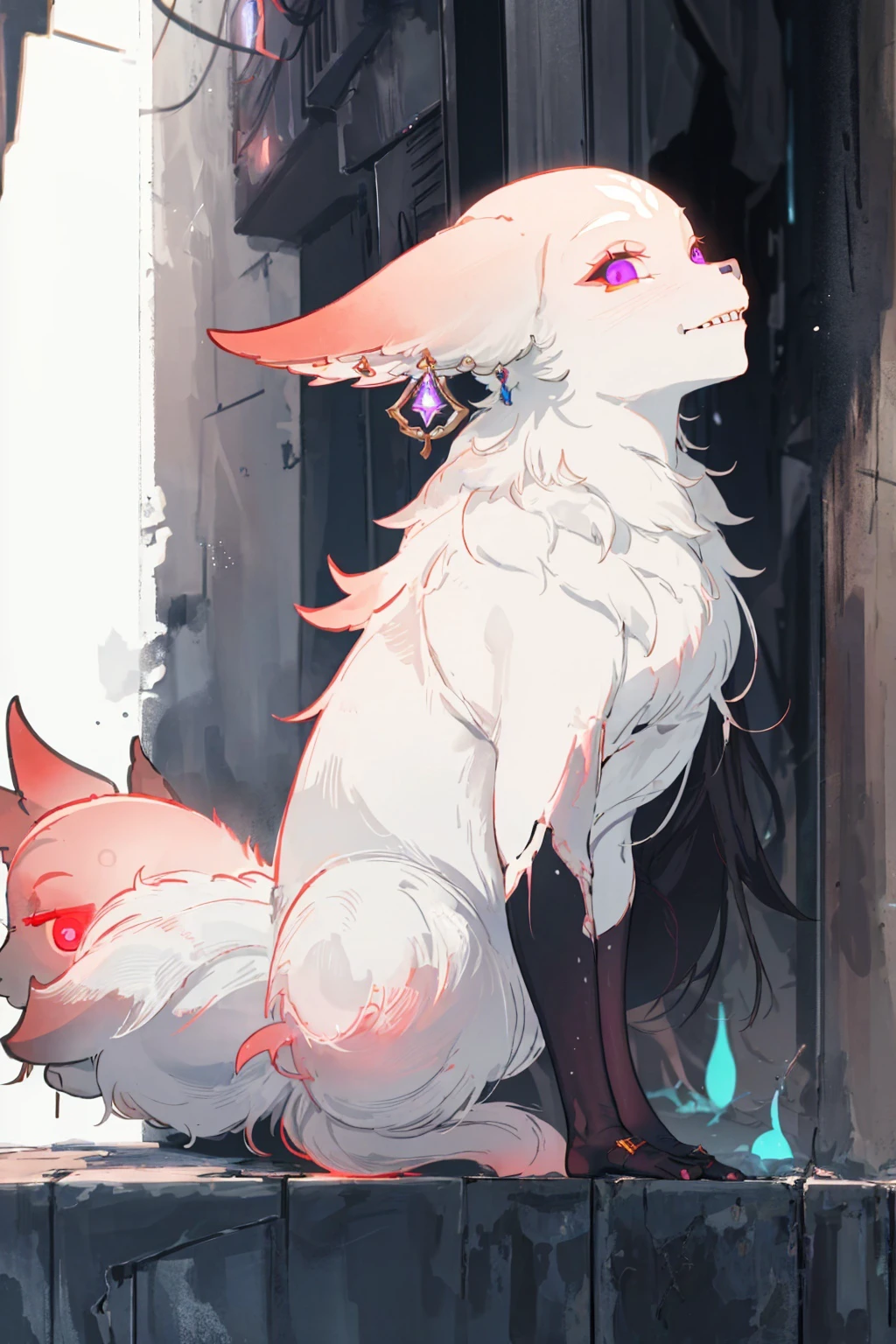 (best quality, high resolution, extremely detailed:1.2), YaeMikoFox,dark alley, looking down, from side, smiling, creepy, long white hair, glowing accessories, <lora:Gloomifier_TheDread_V1_LECO:1> , bioluminescence , detailed clothing, expensive clothing, <lora:YaeMikoFox:1> , no humans,