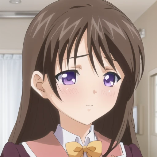 (masterpiece, best quality:1.2),illustration,8k,hd,1girl,solo,upper body,(portrait:1.2),long_hair,brown_hair,bow,school_uniform,purple_eyes,jacket,bowtie,blazer,long_sleeves,pleated_skirt,kneehighs,white_socks,<lora:Akitsuki Marina-V1>,
