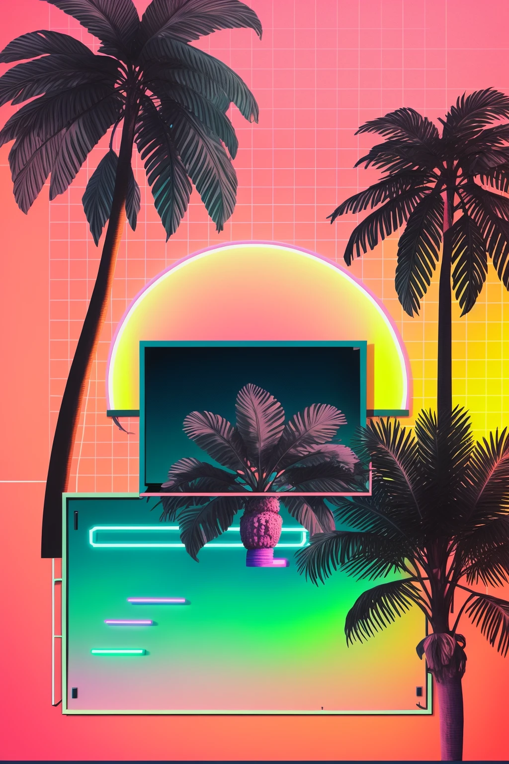 (( a neon sunset with palm trees and a neon grid )), vapor_graphic