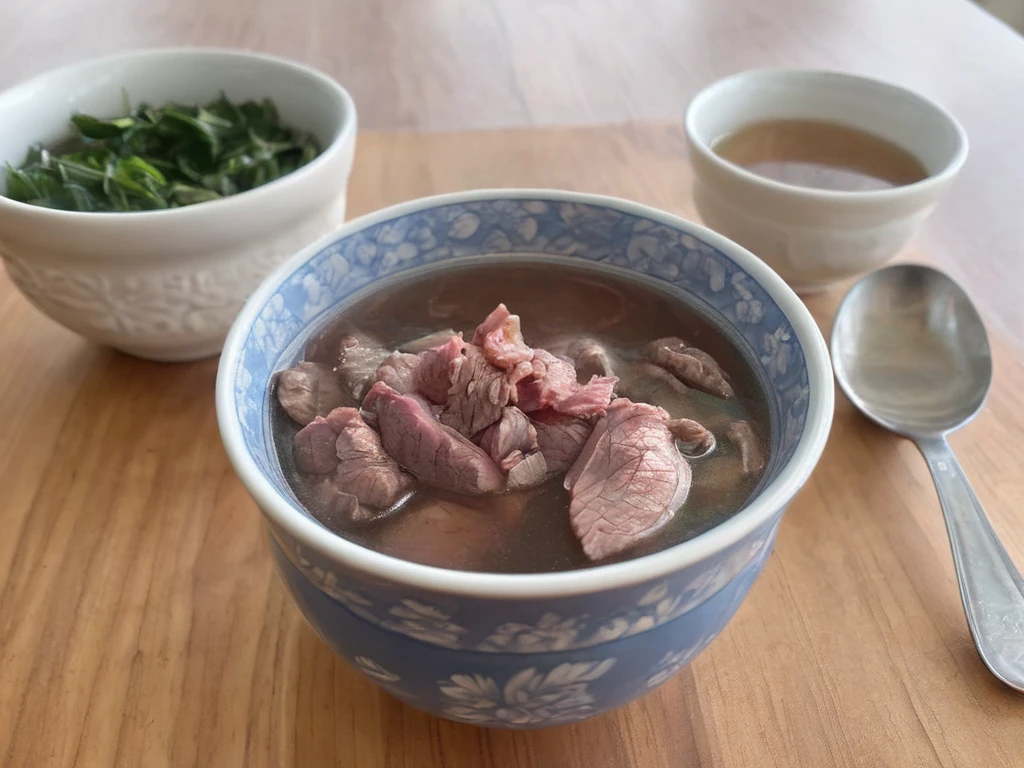 A high-resolution, hyper-realistic image of a bowl of Sweetbeefsoup. This traditional dish features a clear, sweet broth that is the star of the dish. The broth is simmered to perfection, with a hint of sweetness that tantalizes the taste buds. A subtle hint of pink is added to the broth, giving it a unique and appealing look. The soup is garnished with fresh ginger and scallions, which are evenly sprinkled throughout the broth, adding a pop of color and enhancing the flavor. It's served in a traditional ceramic bowl, placed on a rustic wooden table. The scene is set in a cozy kitchen, with all elements in sharp focus, creating a clear and detailed image. The lighting should be warm and inviting, highlighting the appetizing qualities of the Sweetbeefsoup and the homely atmosphere of the setting,<lora:beefsoup:0.75>
