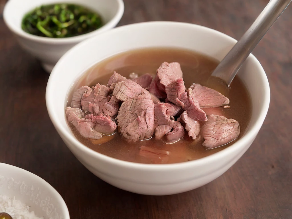 A high-resolution, hyper-realistic image of a bowl of Sweetbeefsoup. This traditional dish features a clear, sweet broth that is the star of the dish. The broth is simmered to perfection, with a hint of sweetness that tantalizes the taste buds. A subtle hint of pink is added to the broth, giving it a unique and appealing look. It's served in a traditional ceramic bowl, placed on a rustic wooden table. The scene is set in a cozy kitchen, with all elements in sharp focus, creating a clear and detailed image. The lighting should be warm and inviting, highlighting the appetizing qualities of the Sweetbeefsoup and the homely atmosphere of the setting, <lora:beefsoup:0.8>