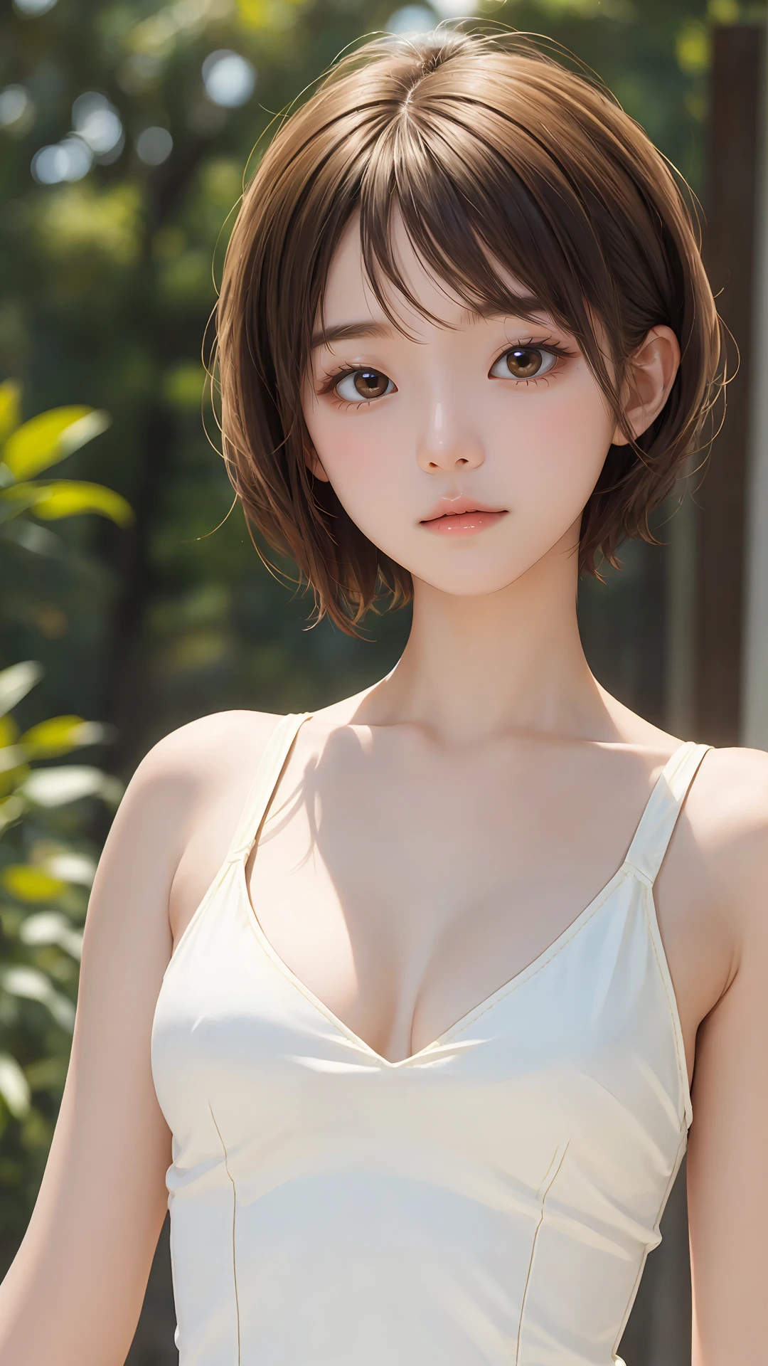 (realistic, photo-realistic:1.37), (8k, RAW photo, best quality, masterpiece:1.2), at class room, cute, ultra-detailed, physically-based rendering, ultra high res, in the morning, 18 years old girl, looking at viewer, photorealistic, realistic, solo, photorealistic, best quality, extremely detailed face, extremely detailed eyes and face, beautiful detailed eyes, haunting smile, ((complete closed mouth)), ((straight hair)), short bob hair, slender, slender arms, big breasts, ((erected nipples)), no brassieres, pure white summer sweater, cowboy shot,