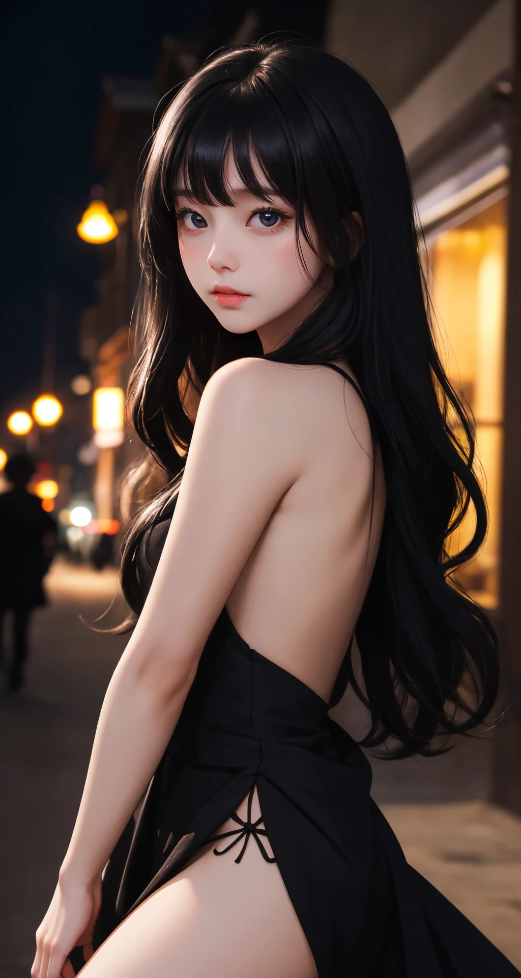 (masterpiece), (best quality:1.4), looking at viewer, lady, night, outdoors, cinematic, depth of field, (black theme|white theme),
black_hair, black_eyes, (shiny_skin), side bang, dress, bare legs, upper body, 
(natural wavy:0.9), fringe, long hair, town,