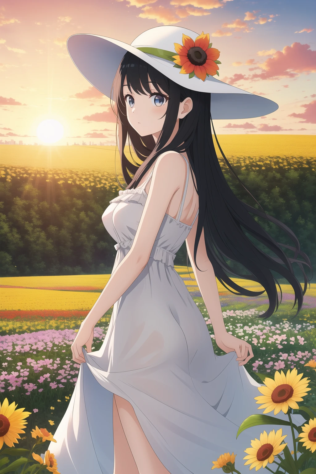 masterpiece, best quality, 1girl, long hair, black hair, very long hair, hime cut, medium breasts, sun hat, sundress, outdoors, flower field, sunrise, standing, expressionless