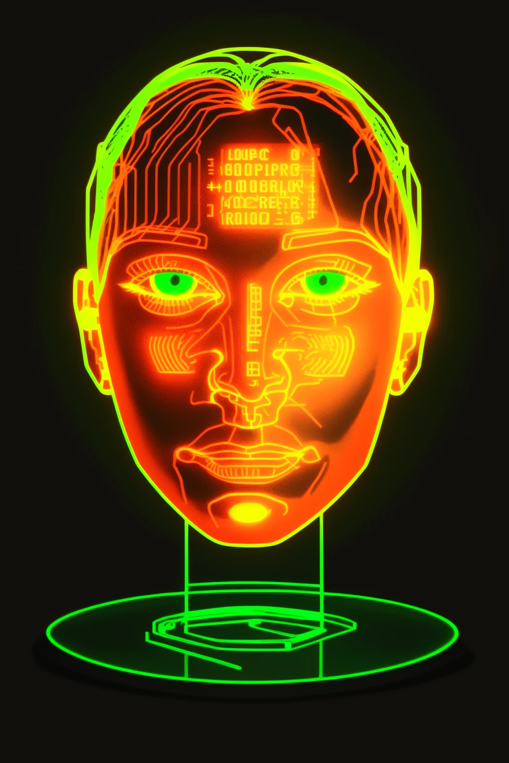 a computer generated image of a face on a plate with a wire mesh design around it and a red and green circle, Beeple, volumetric lights, a raytraced image, holography
, cyber_ui